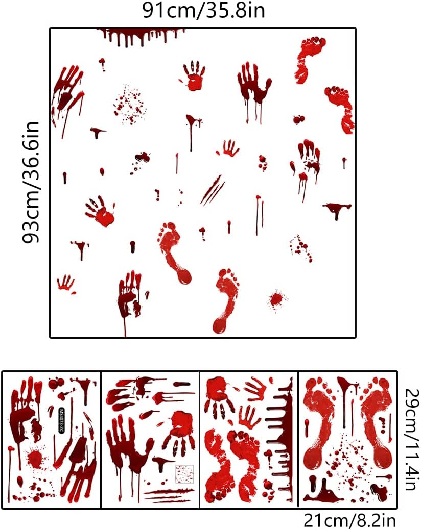 Halloween Bloody Handprint Footprint Window Stickers Wall Stickers for Halloween Party Decorations inside outside Decor Come with Plastic Scraper Tools