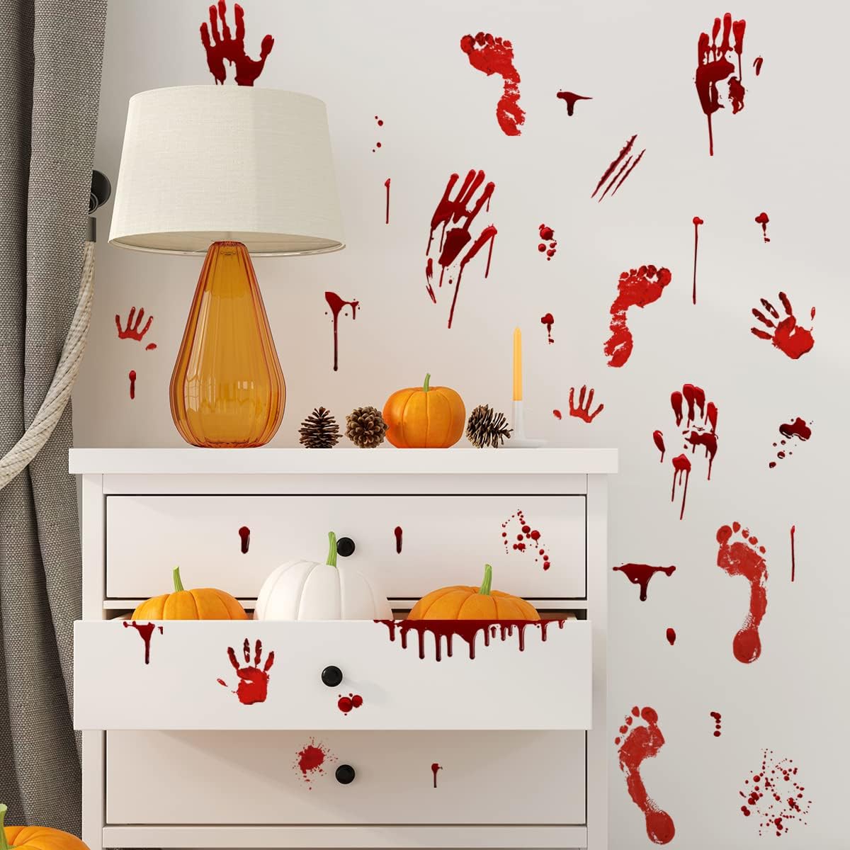 Halloween Bloody Handprint Footprint Window Stickers Wall Stickers for Halloween Party Decorations inside outside Decor Come with Plastic Scraper Tools