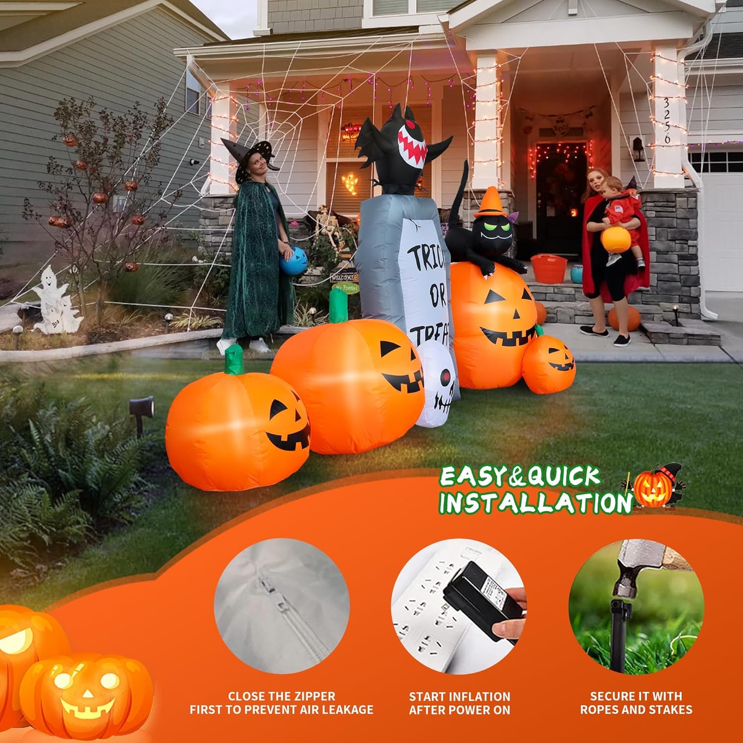 7FT Long Halloween Inflatable Pumpkin Patch with Tombstone & Black Cat & Bat, Blow up Halloween Inflatable with Build-In LED Lights Outdoor Decorations Large Party Yard Decoration