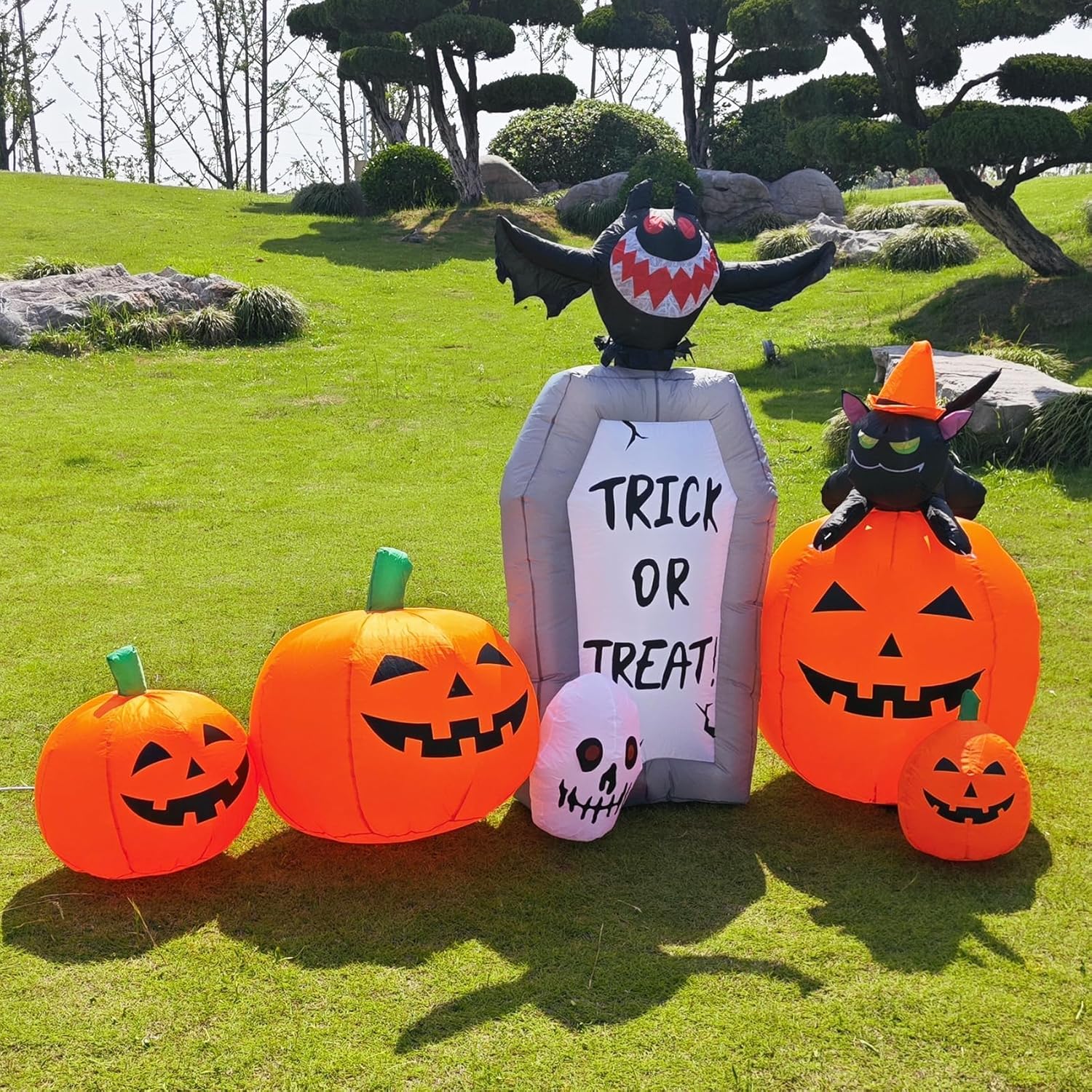 7FT Long Halloween Inflatable Pumpkin Patch with Tombstone & Black Cat & Bat, Blow up Halloween Inflatable with Build-In LED Lights Outdoor Decorations Large Party Yard Decoration